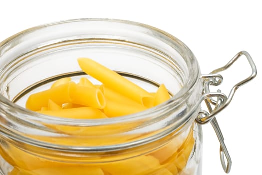 pasta in glass can on a white background