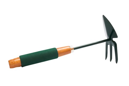 Green gardening hoe on a white background