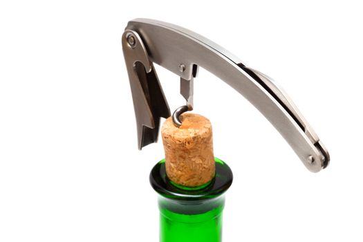 Corkscrew, cork and bottle on a white background