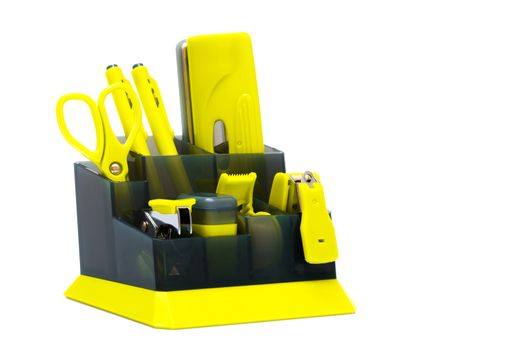 yellow desk organizer on a white background