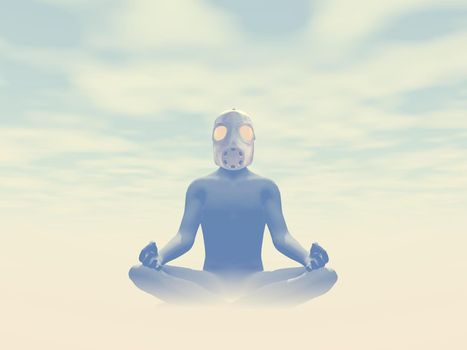 Man wearing gas mask meditating about pollution in foggy background