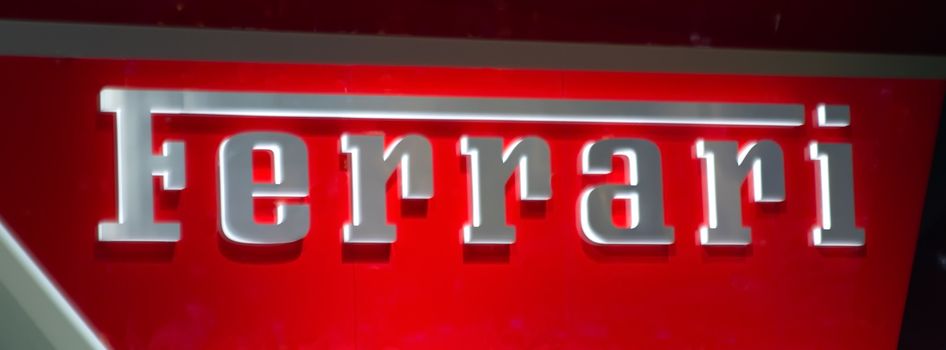 GENEVA - MARCH 13 : Ferrari name on display at the 84th International Motor Show Palexpo - Geneva on March 13, 2014 in Geneva, Switzerland.