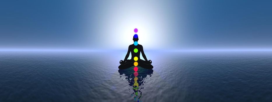 Silhouette of a man meditating with seven colorful chakras upon ocean by blue sunset, 360 degrees effect