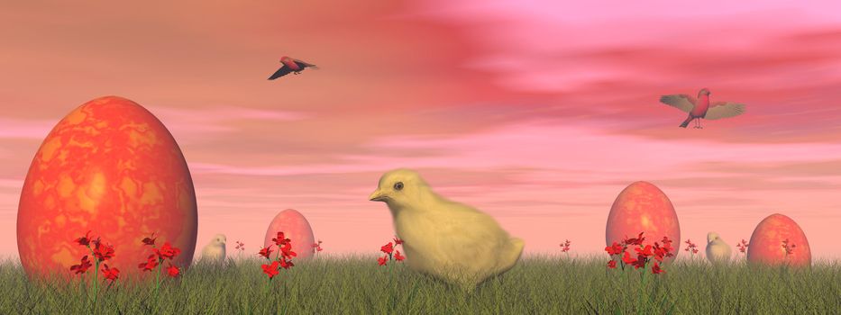 Easter eggs and cute yellow chicks in the grass by red cloudy day