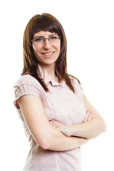 Smiling confident attractive girl in glasses on white background