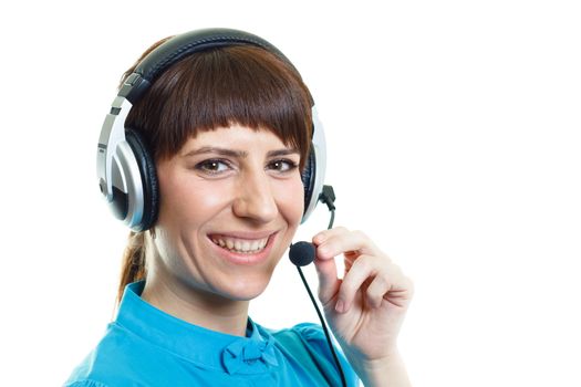Smiling confident attractive girl with headphones microphone on white background