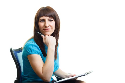 Smiling attractive girl with a folder on a white background