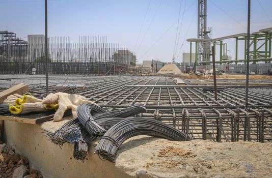 Reinforce iron cage in a construction site in sunny day