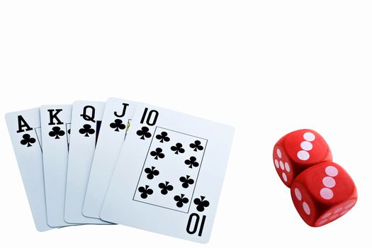 Poker hand of full house including the ace, king, queen, jack, and ten of clubs. Two red dice pop off the white background. 