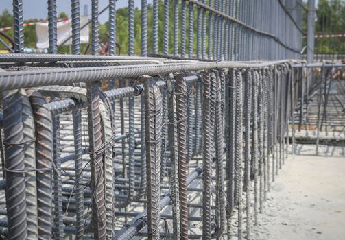 Reinforce iron cage in a construction site in sunny day