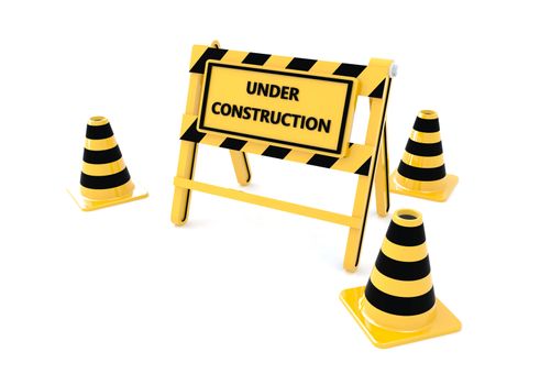 3D Under construction warning sign with white background