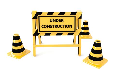 3D Under construction warning sign with white background