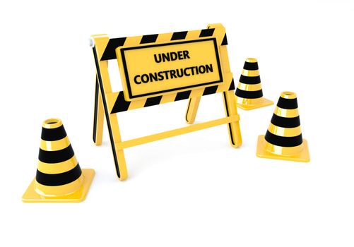 3D Under construction warning sign with white background