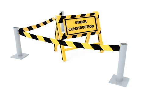 3D Under construction warning sign with white background