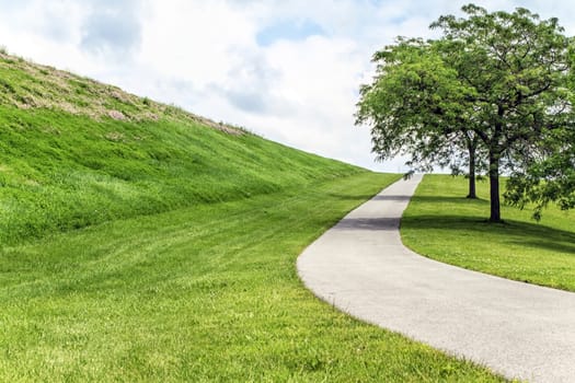 Paved footpath up a grassy hill. 