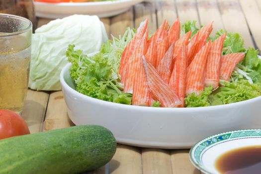 Imitation Crab Stick with Shoyu sauce, vegetables and beer