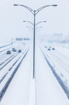 Symmetrical Photo of the Highway Center during a Snowstorm