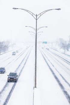 Symmetrical Photo of the Highway Center during a Snowstorm