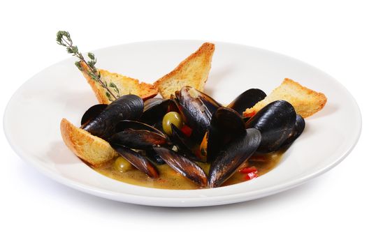 The mussels Tuscan with crispy ciabatta isolated