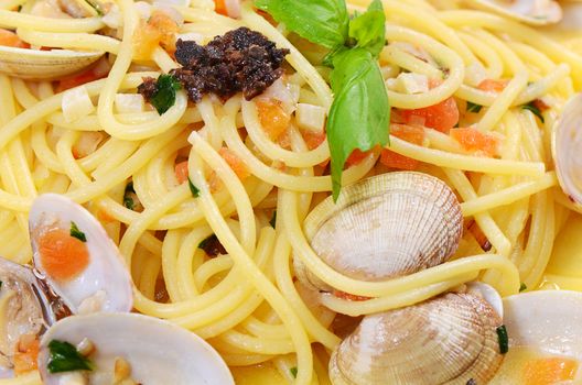 Spaghetti with mussels in bowls close up