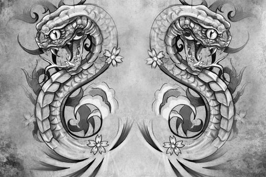 Tattoo design over grey background. textured backdrop. Artistic image