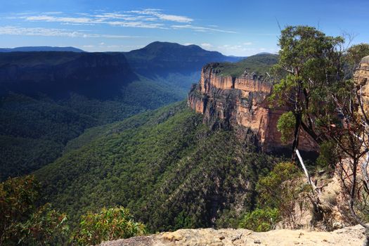 Views of Grose Valley in the Blue Mountains National Park NSW Australia with views to Mt Banks on the northern side.  There are no fences here so you do need to use caution when hiking here.