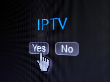 Web development concept: buttons yes and no with pixelated word IPTV and Hand cursor on digital computer screen, selected focus 3d render