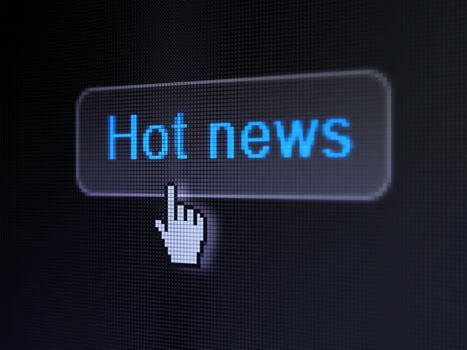 News concept: pixelated words Hot News on button with Hand cursor on digital computer screen background, selected focus 3d render