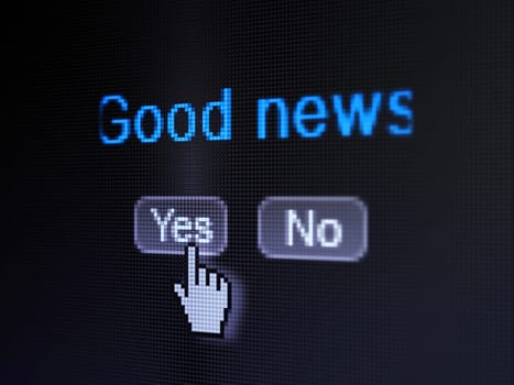 News concept: buttons yes and no with pixelated word Good News and Hand cursor on digital computer screen, selected focus 3d render