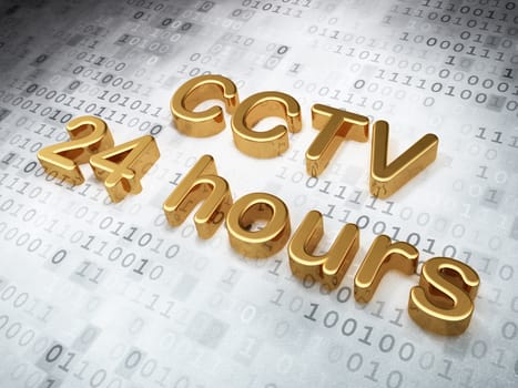 Security concept: Golden CCTV 24 hours on digital background, 3d render