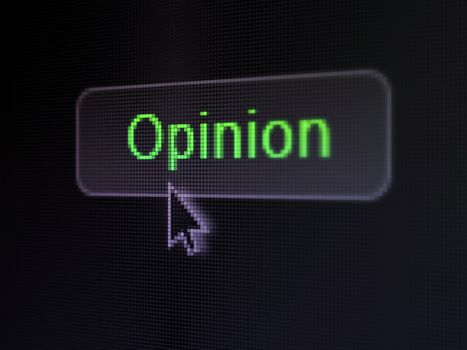 Advertising concept: pixelated words Opinion on button with Arrow cursor on digital computer screen background, selected focus 3d render