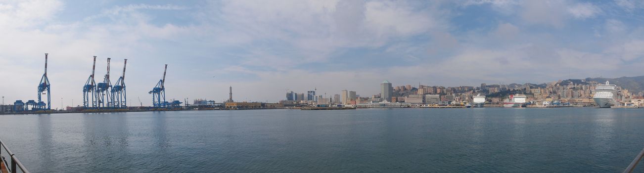 Wide panoramic view of the city of Genoa skyline from the sea