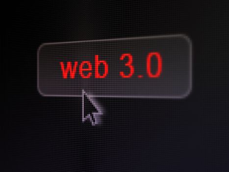 Web design concept: pixelated words Web 3.0 on button with Arrow cursor on digital computer screen background, selected focus 3d render