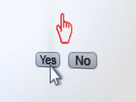 Social media concept: buttons yes and no with pixelated Mouse Cursor icon and Arrow cursor on digital computer screen, selected focus 3d render