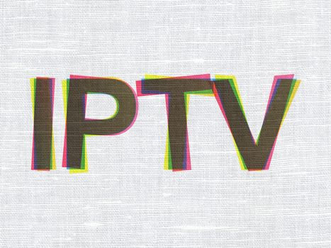 Web development concept: CMYK IPTV on linen fabric texture background, 3d render