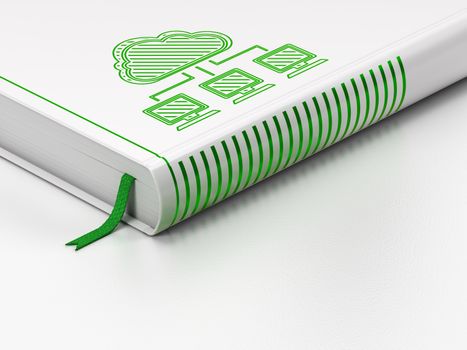 Cloud computing concept: closed book with Green Cloud Network icon on floor, white background, 3d render