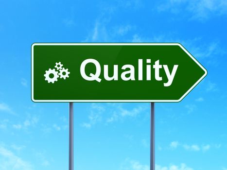 Advertising concept: Quality and Gears icon on green road (highway) sign, clear blue sky background, 3d render