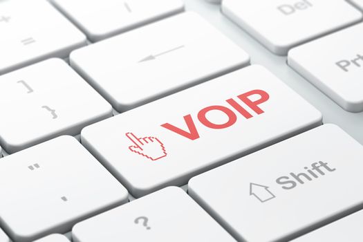 Web development concept: computer keyboard with Mouse Cursor icon and word VOIP, selected focus on enter button, 3d render