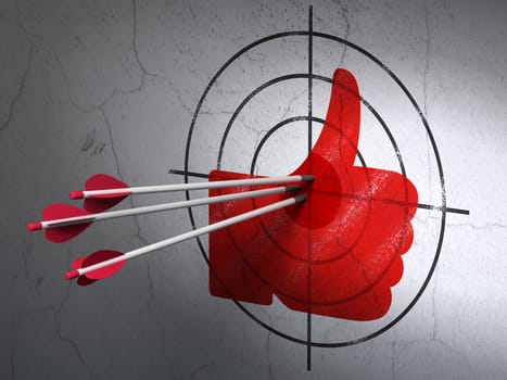 Success social network concept: arrows hitting the center of Red Thumb Up target on wall background, 3d render