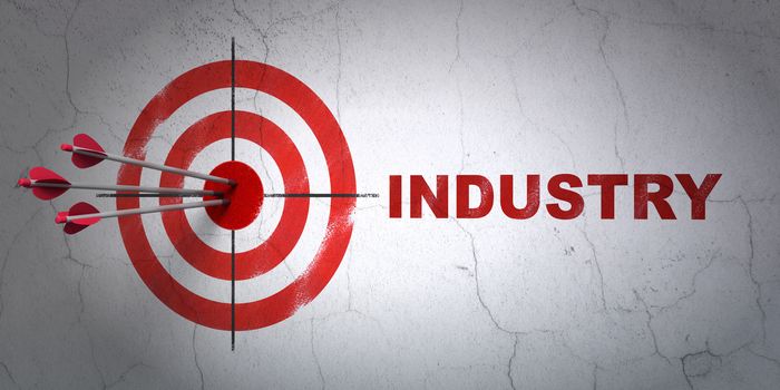 Success finance concept: arrows hitting the center of target, Red Industry on wall background, 3d render