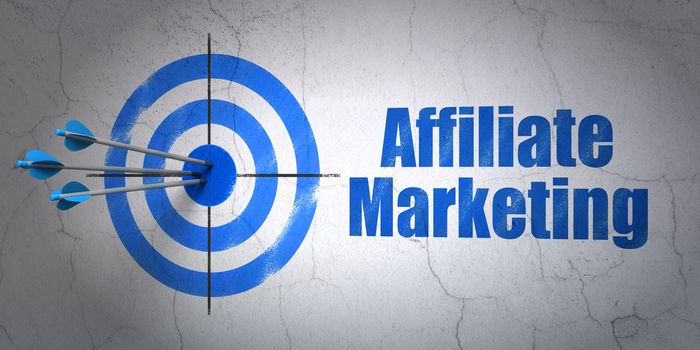 Success finance concept: arrows hitting the center of target, Blue Affiliate Marketing on wall background, 3d render