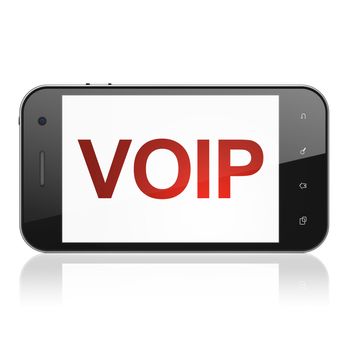 Web design concept: smartphone with text VOIP on display. Mobile smart phone on White background, cell phone 3d render