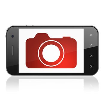 Tourism concept: smartphone with Photo Camera icon on display. Mobile smart phone on White background, cell phone 3d render