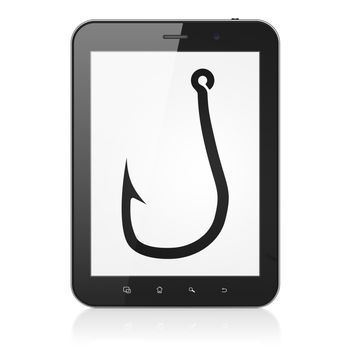 Security concept: black tablet pc computer with Fishing Hook icon on display. Modern portable touch pad on White background, 3d render