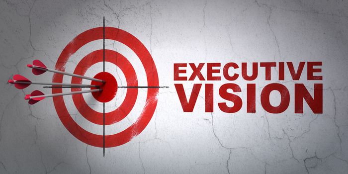 Success business concept: arrows hitting the center of target, Red Executive Vision on wall background, 3d render