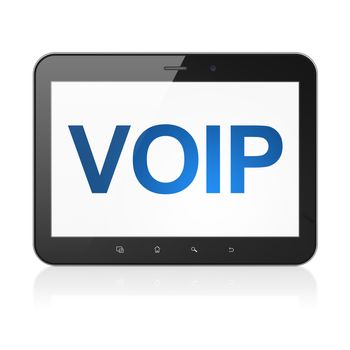 Web development concept: black tablet pc computer with text VOIP on display. Modern portable touch pad on White background, 3d render