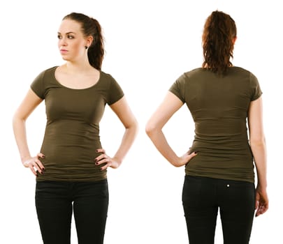 Young beautiful woman with blank olive green shirt, front and back. Ready for your design or artwork.