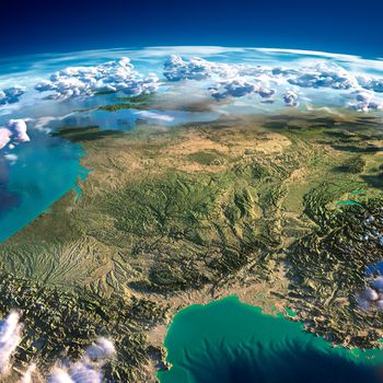 Highly detailed fragments of the planet Earth with exaggerated relief, translucent ocean and clouds, illuminated by the morning sun. France. Elements of this image furnished by NASA