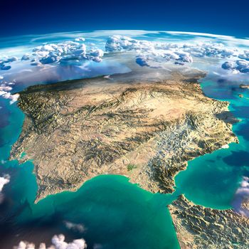 Highly detailed fragments of the planet Earth with exaggerated relief, translucent ocean and clouds, illuminated by the morning sun. Spain and Portugal. Elements of this image furnished by NASA