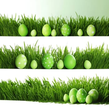 Collection of decorated easter eggs in grass with copy space